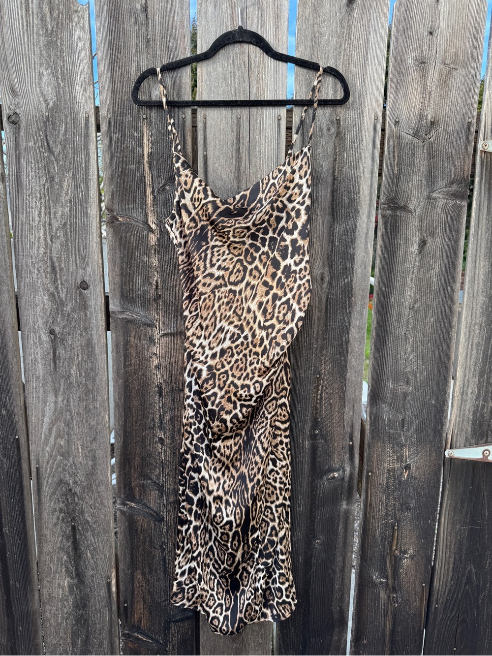 Y2K Brown and Black Leopard Cheetah Midi Cowl Neck Silk Dress Animal Print Party